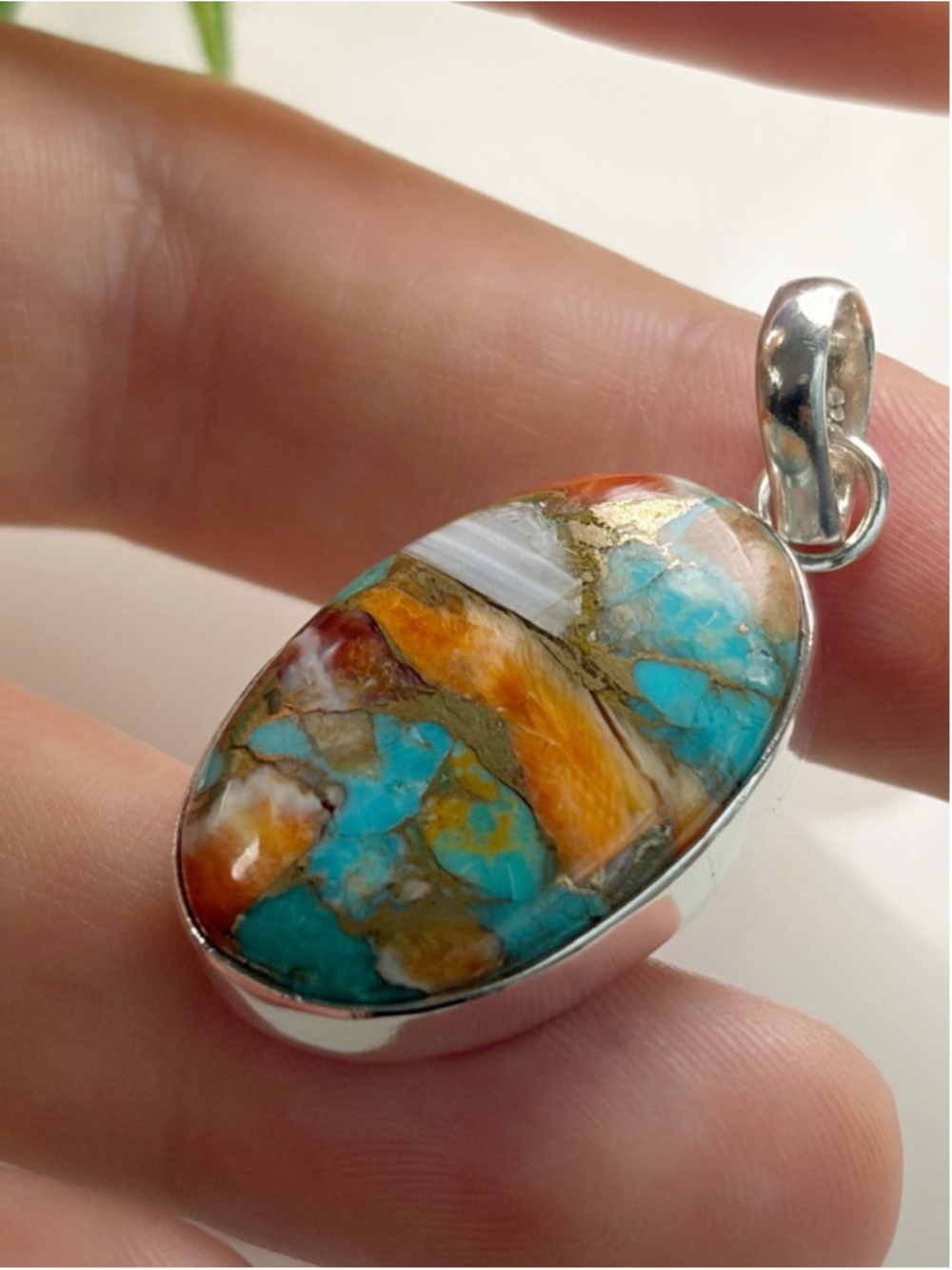 Genuine Oyster Copper Turquoise Pendant Sterling Silver 925 Oval Southwest New